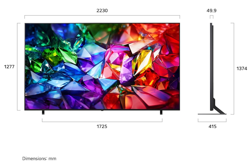 LG Micro RGB evo AI MRGB95 toont aan de voor- en zijkant een 100-inch display met een scherm van 2230 mm breed, een schermhoogte van 1277 mm, een hoogte van 1374 mm met standaard, een diepte van 49,9 mm en een standaardvoetafdruk van 1725 bij 415 mm.